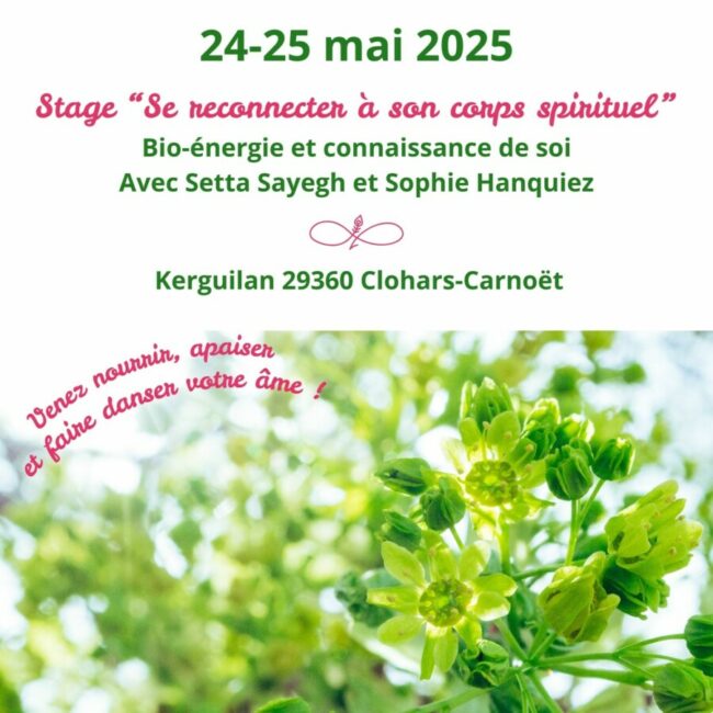 FLYER 1 RECTO stage se reconnecter à son corps spirituel : quête de sens et d'évolution, l'énergie et le monde invisible, outils pratiques pour avancer.